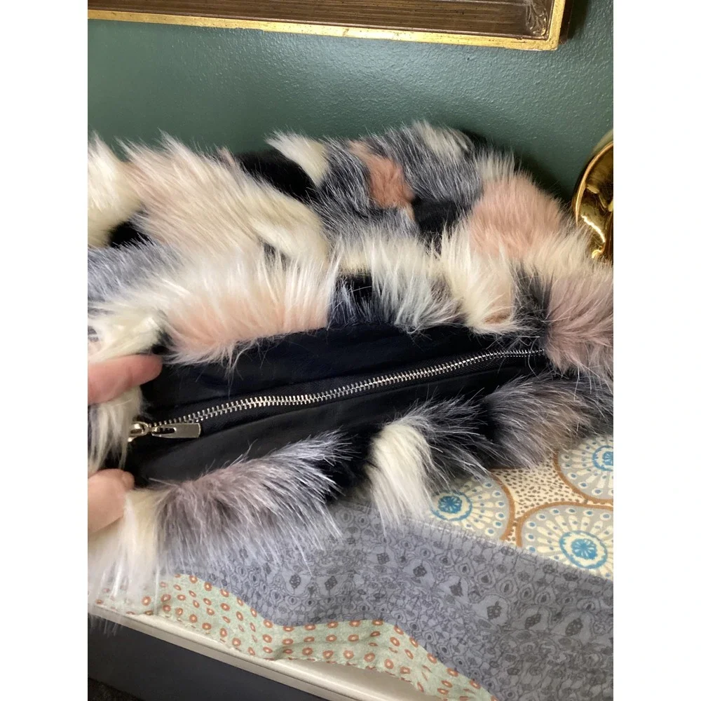 ASOS Faux Fur Blocked Clutch Bag Multi Color Patchwork Oversized Fold Over Zip